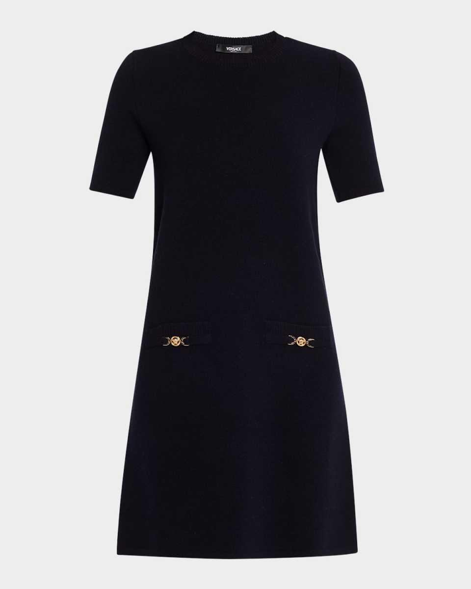 Medusa-Pockets Short-Sleeve Wool-Cashmere Mini Dress